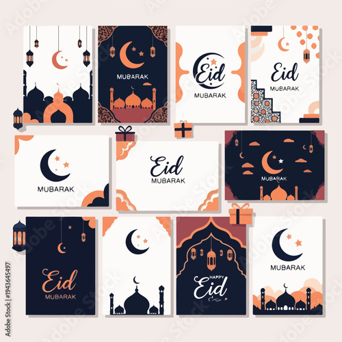 Festive Islamic holiday cards, featuring moon, mosque, gifts, and lanterns