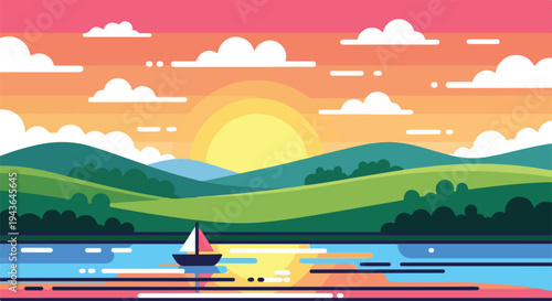 Colorful sunset scene with a sailboat on the water and hills