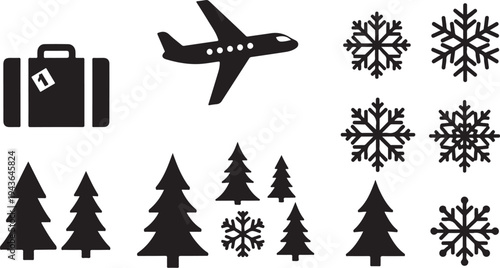 Winter Travel Icons with Snowflakes and Pine Trees Silhouette