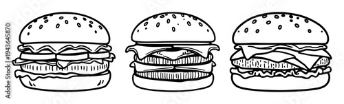 Protein-based meat alternative burger icon set with flat vector design on white background featuring bold borders, sustainable food theme, vegan steak with plant protein and clean lines