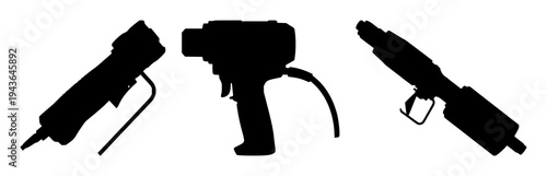 Laser rust-cleaning tool set with solid black silhouette on white background featuring industrial restoration technology, sharp technical profile with black and silver details and high contrast