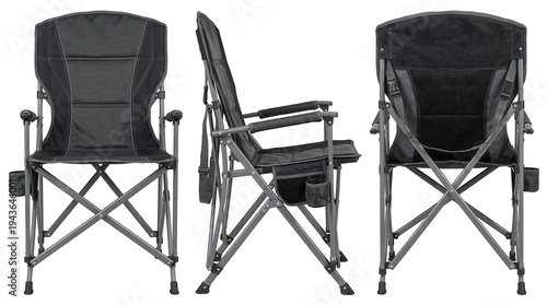 Durable Black Foldable Outdoor Camping Chair with Armrests and Cup Holder - Multiple Views for Product Display