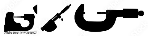 Micrometer set with solid black silhouette on white background featuring precision instrument, mechanical tool, technical profile with engineering and drafting