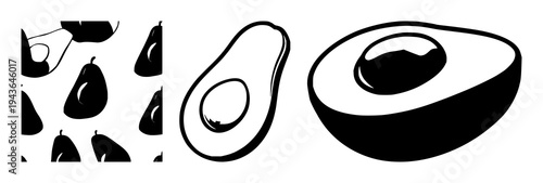 Avocado set with graphic vector of sliced avocado displaying pit shaped like heart featuring healthy lifestyle icon, solid black lines, white background with minimalism and nutrition