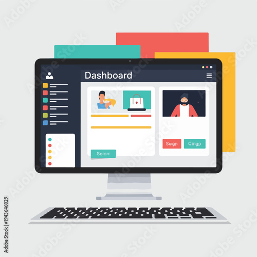 Flat vector illustration of computer showing a dashboard and keyboard