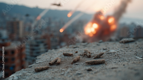 Destruction in the City: A city skyline is ravaged by conflict, with explosions erupting amidst the buildings as projectiles streak across the sky, while debris litters the foreground.