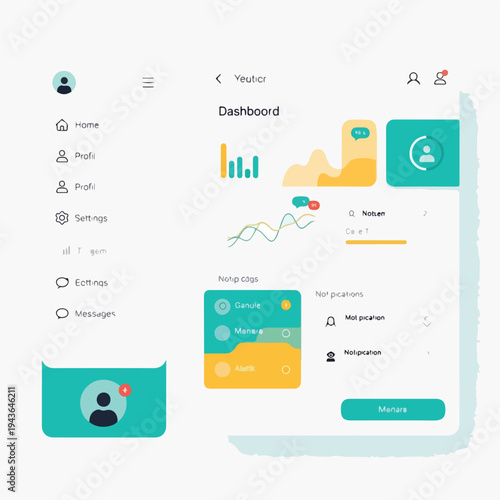 GUI with dashboard, stats, notifications, and profile icons