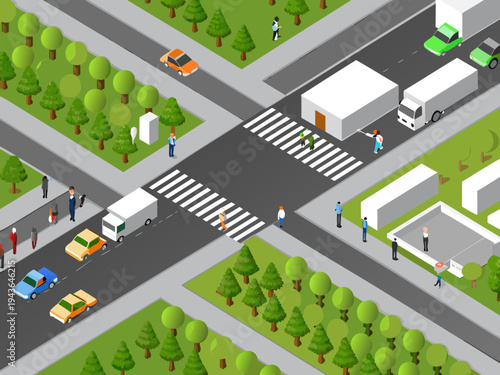Isometric illustration of a busy city street with pedestrian crossings