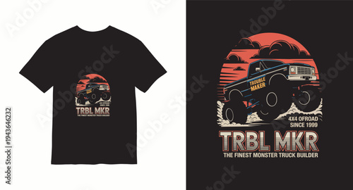 Trouble maker monster truck with retro sunset background