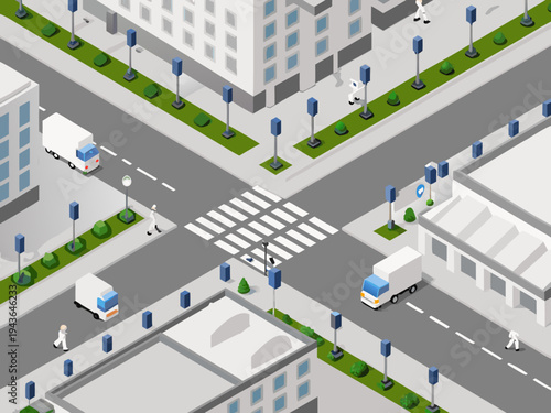 Isometric view of a city intersection with buildings and pedestrian crossings