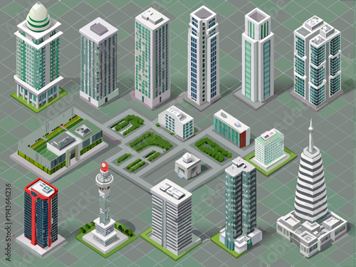 Isometric cityscape featuring diverse buildings parks and communication towers
