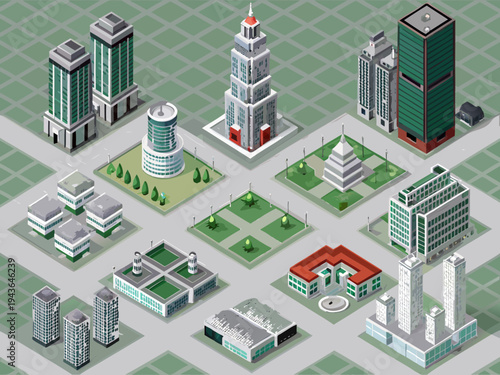 Isometric cityscape featuring modern buildings parks and geometric designs