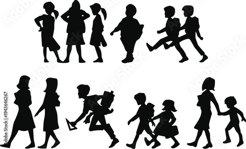 Children silhouettes walking playing school kids group vector illustration boys girls childhood activity friends collection