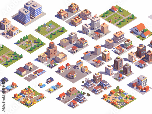 Isometric view of a colorful low poly town with various buildings and parks