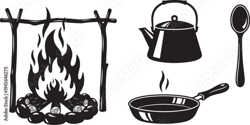 Camping cooking illustration with campfire and utensils vector graphics
