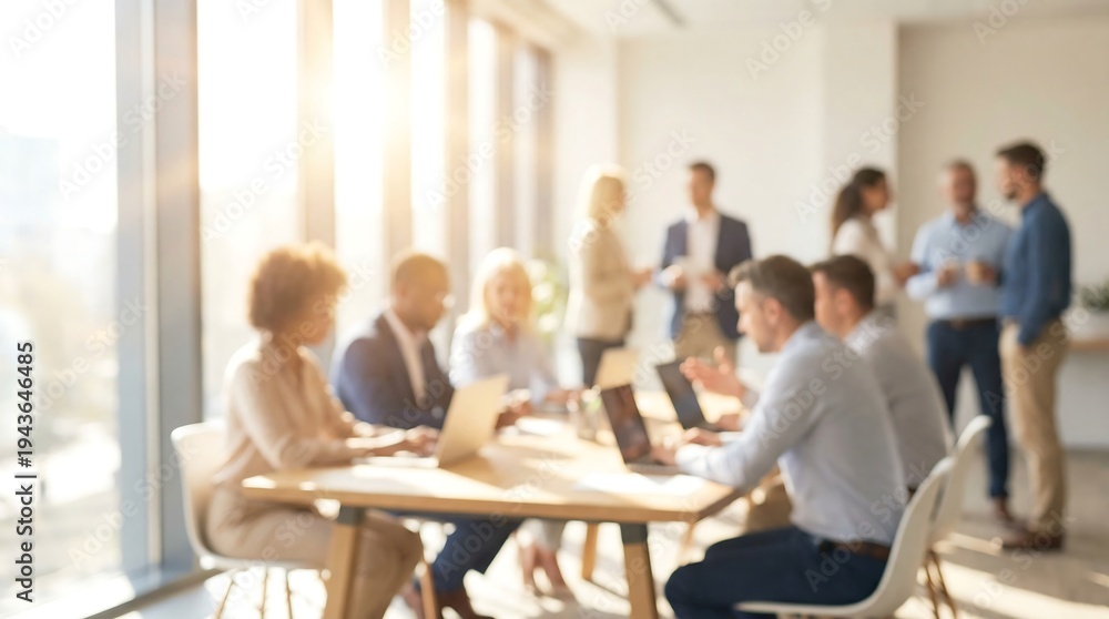 Obraz premium A bustling, blurred office environment showcases diverse professionals actively working and interacting at tables and standing near bright windows.