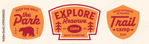 Set of trail camp stickers collection. Explore adventure badges, logos, and patchs design.