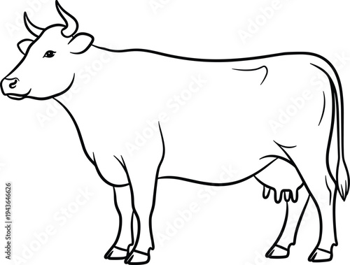 Simple black and white cow line art illustration featuring a standing dairy cattle with horns and udder isolated on white background for farm design