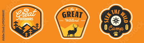 Set of outdoors camping labels. Wild retro adventure stickers and badges design.