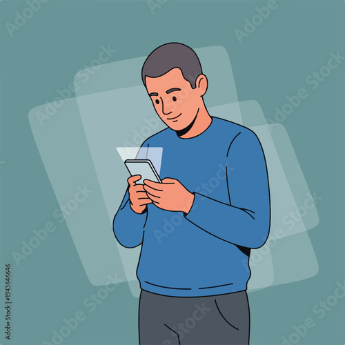 Illustration of a man looking at a phone, vector art