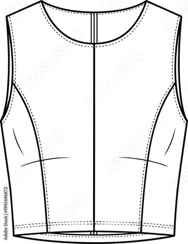 Sleeveless crew neck crop top technical fashion flat sketch cad drawing vector illustration, fitted bodice tank blouse apparel design template,