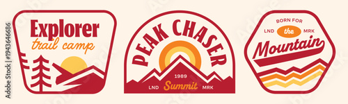 Set of mountain and camping badges collection. Retro outdoor stickers. Explorer patchs design.