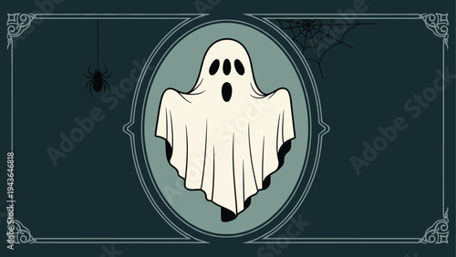 Spooky White Ghost Illustration in Vintage Decorative Frame with Spider and Web Elements Isolated on Dark Teal Background for Halloween Holiday Party Design Projects.