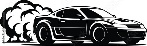 Sport car drifting silhouette with smoke clouds and high speed racing coupe isolated on white background for automotive logo, motorsport branding and performance design