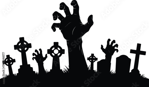 Spooky Halloween graveyard silhouette with zombie hands rising from tombstones and crosses, creepy horror cemetery illustration isolated on white background dark gothic theme artwork