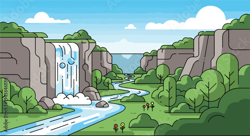 Flat illustration of a scenic landscape featuring a waterfall