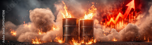 Fiery barrels and up arrow: Illustrates the price increase of a commodity amidst fire, smoke, and industrial hazards. A vivid metaphor for market volatility.