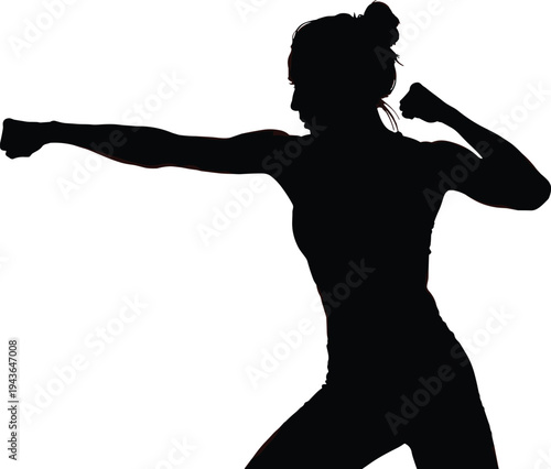 Strong female boxer silhouette throwing punch in side view isolated on white background, powerful woman fitness and self defense concept for sports design.