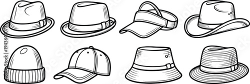 Set of 8 hats icons vector, black and white