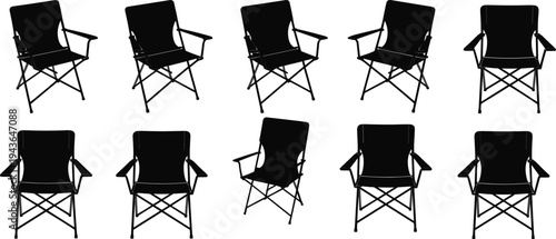 Camping folding chair silhouettes set with different angles, portable outdoor chair collection, travel furniture illustration isolated on white background vector design