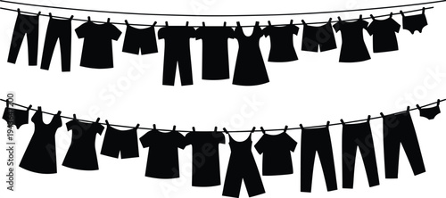Clothes hanging on laundry line silhouettes with shirts pants dress and underwear, household washing concept, clothing drying collection isolated vector illustration
