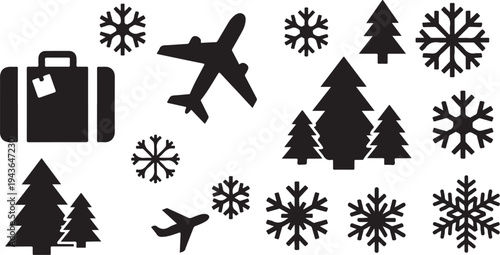 Winter Travel Vacation Concept with Snowflakes and Suitcase Silhouettes