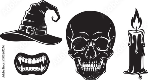 Halloween symbols including skull, witch hat, fangs, and candle