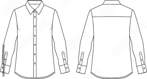 Technical CAD drawing flat vector illustration of a formal long sleeve button down shirt for men and women fashion design template