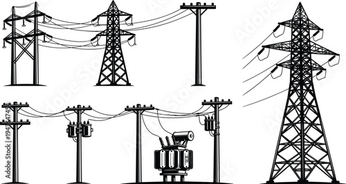 Vector black family silhouette jumping children dog breeds and human head profile set with electrician street lamp and electrical tower icons isolated on white background.