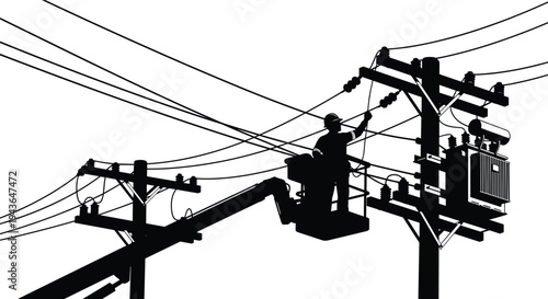 Vector black family silhouette jumping children dog breeds and human head profile set with electrical worker and street lamp icons isolated on white background.