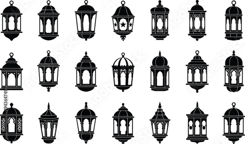 Vintage decorative lantern silhouette icon set with ornate arabic style hanging lamps for ramadan festival lighting vector collection