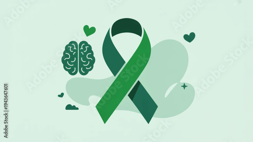 Mental health awareness green ribbon symbol with brain and hearts on light green background