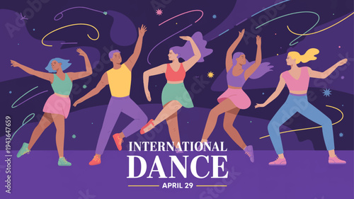 Vibrant dancers celebrate international dance day with energetic movements and colorful outfits in a lively night setting