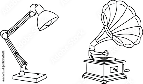 Modern desk lamp and vintage gramophone line art illustration set isolated retro music player and adjustable table light vector