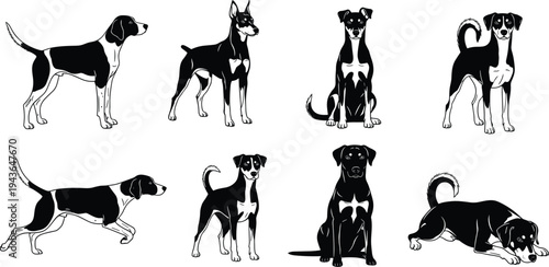 Vector black family silhouette jumping children dog breeds and human head profile set with father mother and kids walking isolated on white background.