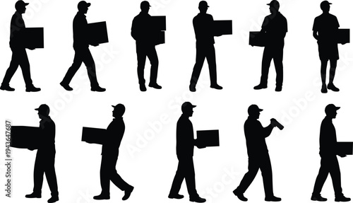 Delivery worker silhouettes carrying boxes courier logistics shipping service transport parcel distribution vector illustration professional delivery staff collection