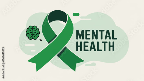 Green awareness ribbon with mental health text and clover on beige background for support and wellness campaigns