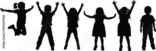 Vector black family silhouette and happy jumping children set with father mother and kids walking together isolated on white background for community parenting concept.