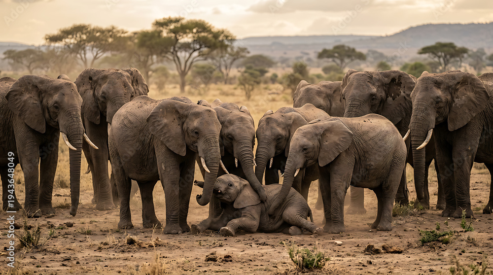 Fototapeta premium A herd of African elephants gathers in the savanna with a young calf resting amongst them.