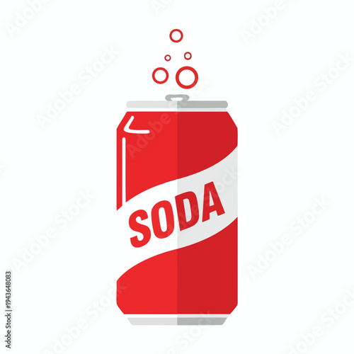 A red soda can with white stripe and "SODA" in bold red letters